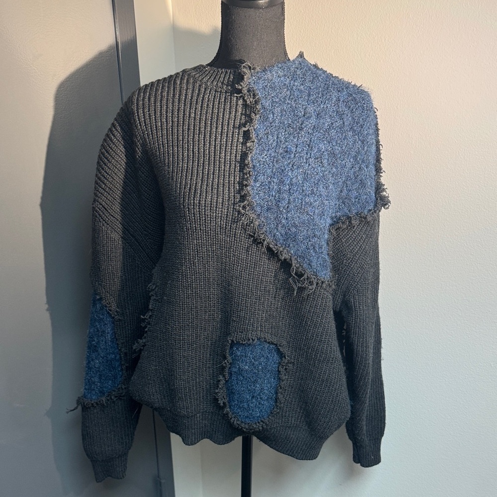 Zara Black Sweater with Blue Textured Accents
